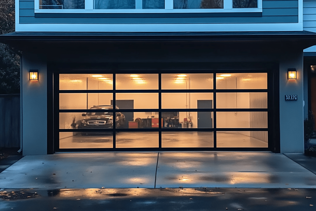 Modern garage door with large glass panels and black metal framing, revealing a well-lit interior with a parked car and tools.