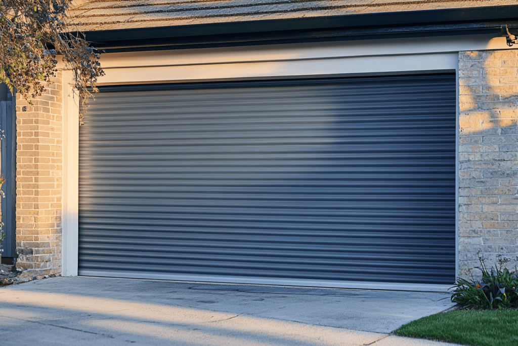 Horizontal slat roll-up garage door in a matte steel blue finish, fully closed within a light brick frame.