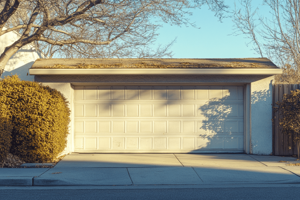 Classic white sectional garage door with embossed square panels, surrounded by mature trees and late afternoon sunlight.