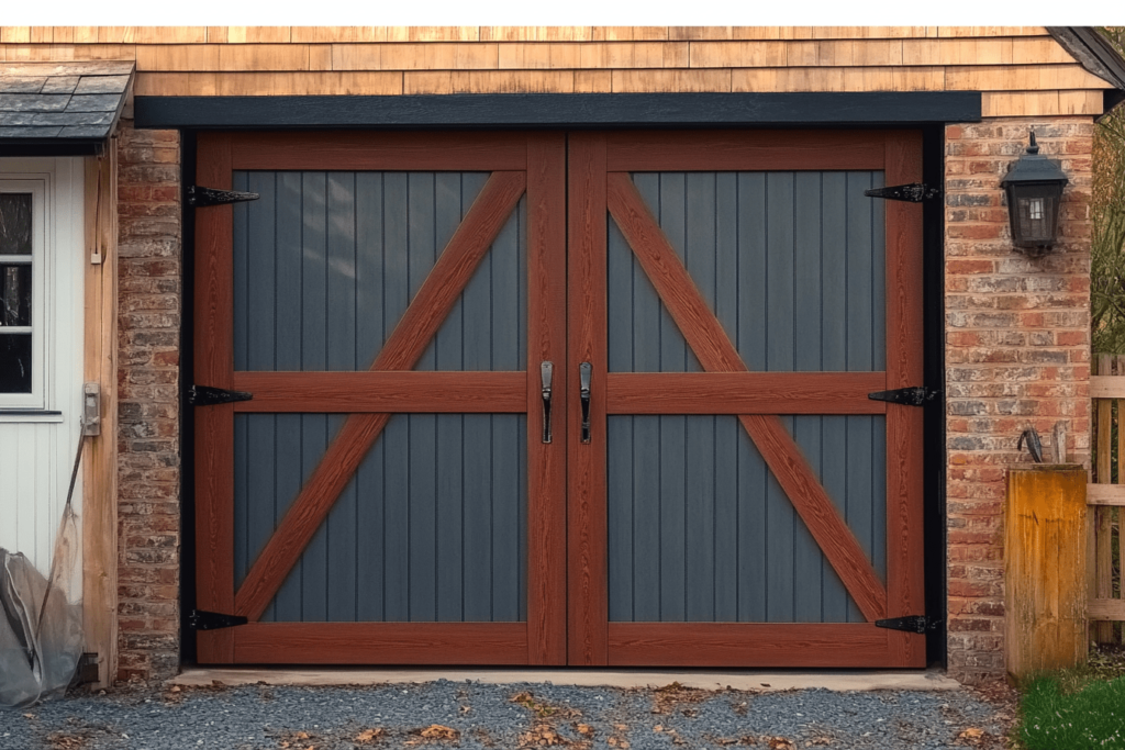 Rustic side-hinged garage doors featuring vertical blue panels with red wooden crossbeams and black metal hinges.