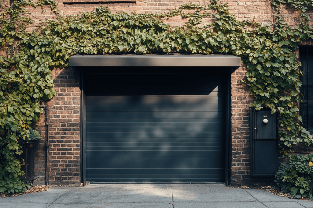 Single-panel tilt-up canopy garage door mid-open, framed by white siding and green landscaping on a suburban driveway.