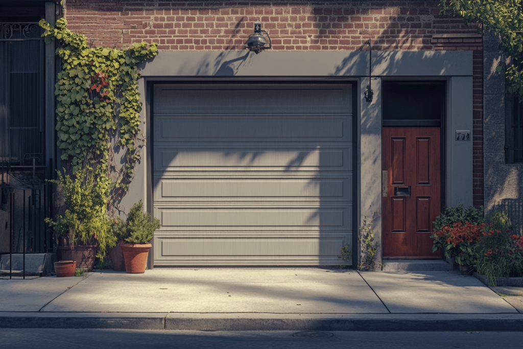 Modern tilt-up retractable garage door shown mid-motion, surrounded by neutral siding and a tidy driveway landscape.